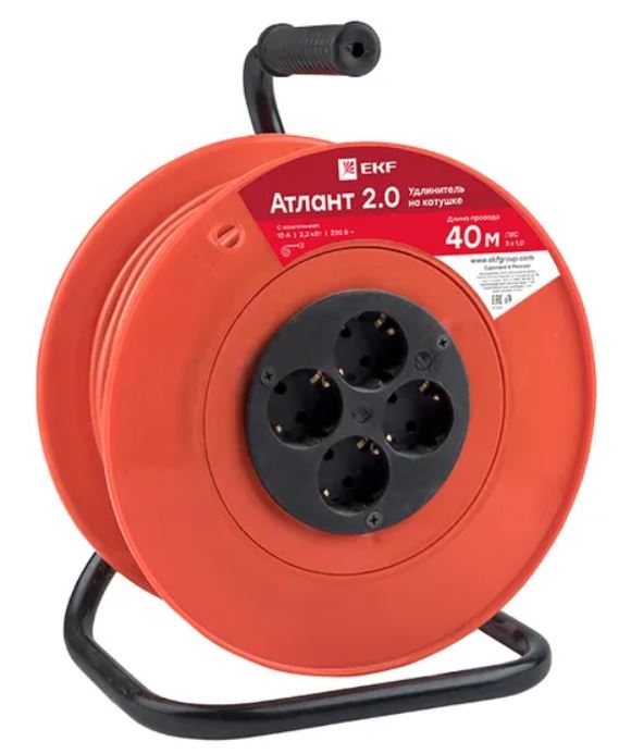 

Удлинитель на катушке EKF UKA02-10-310-4-40 "Атлант 2.0" 4 гнезда 40м с заземлением ПВС 3*1,0 10А/2,2кВт PROxima, UKA02-10-310-4-40