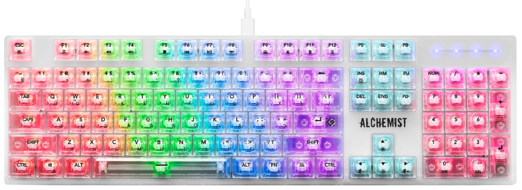 

Клавиатура Defender Alchemist GK-000 RU 45000 механическая, прозрач, 104кн+FN, радуж, 1.5м, Alchemist GK-000 RU