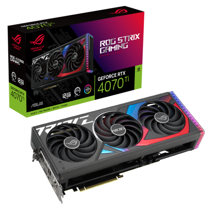 

Видеокарта PCI-E ASUS GeForce RTX 4070 Ti ROG Strix (ROG-STRIX-RTX4070TI-12G-GAMING) 12GB GDDR6X 192bit 4nm 2310/21000MHz 2*HDMI/3*DP, GeForce RTX 4070 Ti ROG Strix GAMING (ROG-STRIX-RTX4070TI-12G-GAMING)