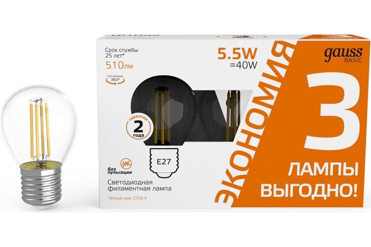 

Лампа светодиодная Gauss 1051216T Basic 5.5Вт цок.:E27 шар 220B 2700K св.свеч.бел.теп. (3шт), 1051216T