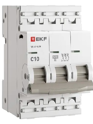 

Автоматический выключатель EKF M634310C 3P 10А (C) 4,5kA ВА 47-63N PROxima, M634310C