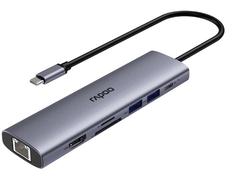 

Переходник Rapoo XD71-SGRY 7-в-1 1xUSB-C to PD+1xHDMI(4Kx60Hz)+3xUSB3.0+1xSD deck+1xTF deck+1xRJ45, XD71-SGRY