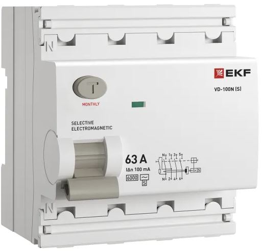 

УЗО EKF E1046MS63100 ВДТ ВД-100N (S) 4P 63А 100мА AC эл-мех 6кА PROXIMA, E1046MS63100