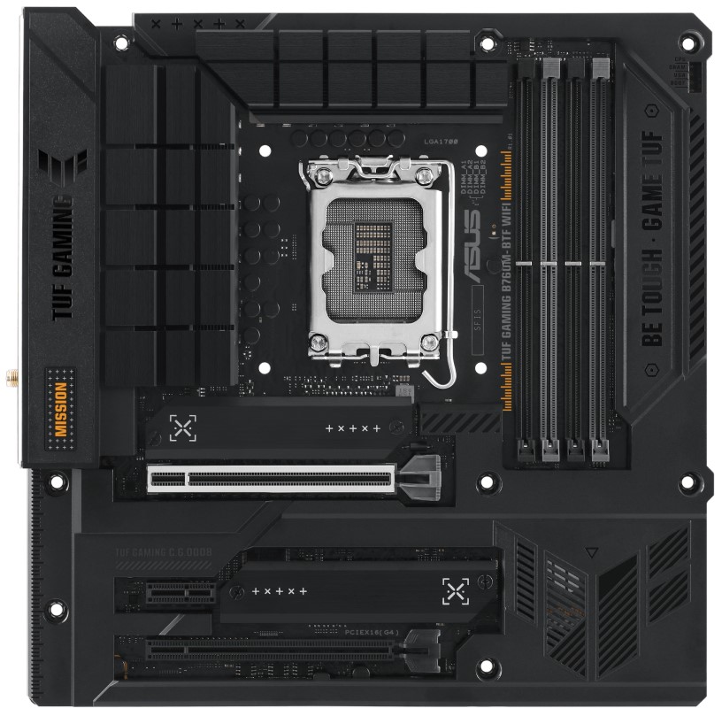 

Материнская плата mATX ASUS TUF GAMING B760M-BTF WIFI (LGA1700, B760, 4*DDR5 (7200), 4*SATA 6G RAID, 3*M.2, 3*PCIE, 2.5Glan, WiFi, BT, HDMI, DP, 3*USB, TUF GAMING B760M-BTF WIFI