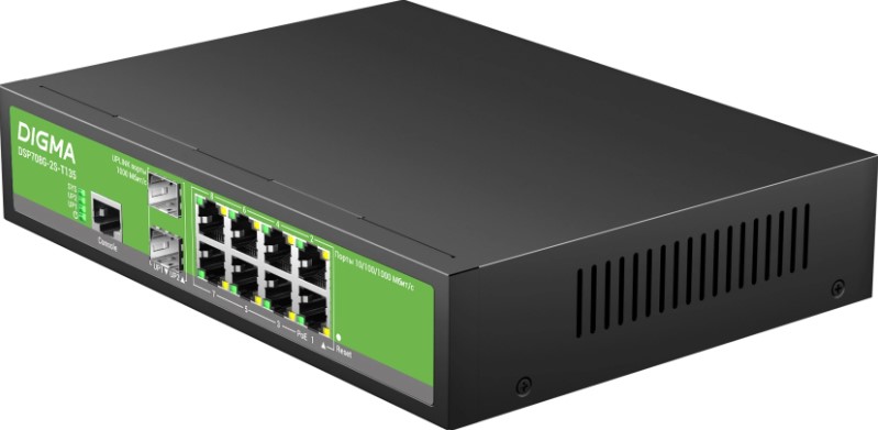 

Коммутатор управляемый Digma DSP708G-2S-T135 (L2+) 8x1Гбит/с 2SFP 8PoE 8PoE+ 135W, DSP708G-2S-T135