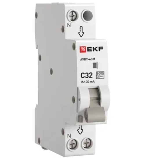

Автомат дифференциальный EKF DA63M-32-30 АВДТ-63М 1P+N 18мм 32А характеристика С 30мА тип AС электронный 6кА PROXIMA, DA63M-32-30