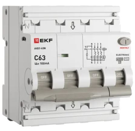 

Автомат дифференциальный EKF D63N46E63C100 АВДТ-63N 3P+N 63А характеристика C 100мА тип AC электронный 6кА PROXIMA, D63N46E63C100