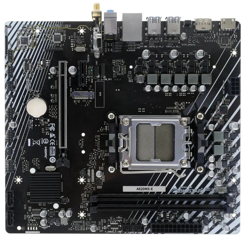 

Материнская плата mATX Biostar A620MS-E (AM5, AMD A620, 2*DDR5, M.2, PCIe, 2*SATA, 2*USB 2.0, 4*USB 3.2, HDMI, DP), A620MS-E