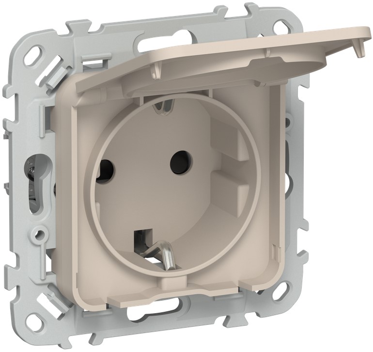 

Розетка с заземлением IEK FI-R16-16-1-44-K88 FLITE с защитными шторками и крышкой безвинтовое крепление 16А IP44 РСшкр11-1-44-ФлЛ льняной, FI-R16-16-1-44-K88