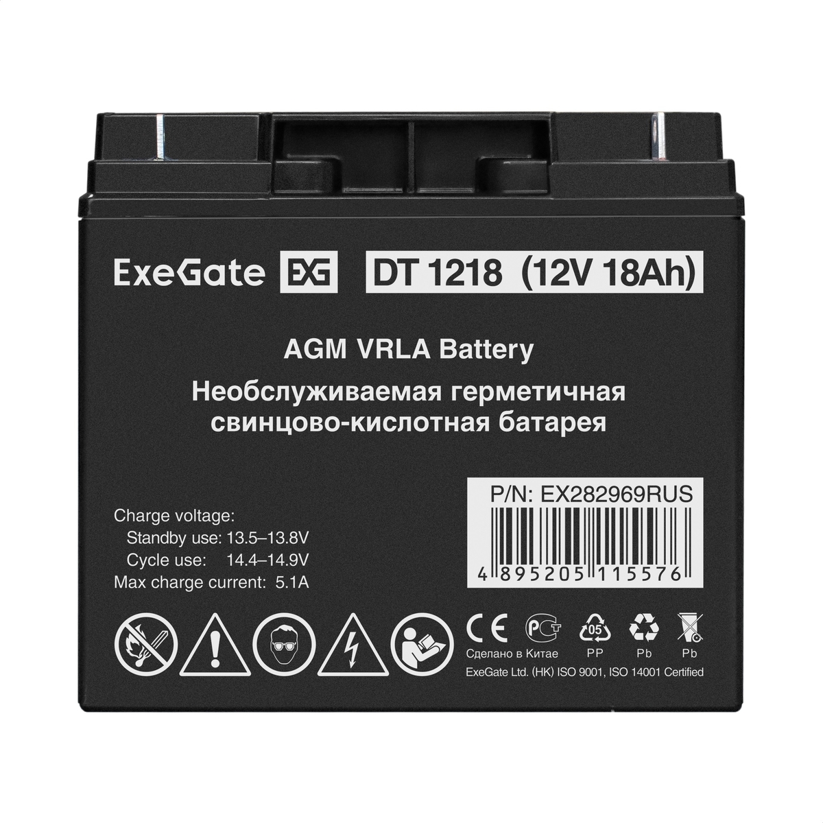 

Батарея аккумуляторная Exegate DT 1218 EX282969RUS (12V 18Ah, клеммы F3 (болт М5 с гайкой)), DT 1218
