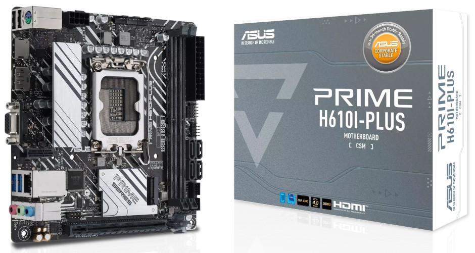 

Материнская плата mini-ITX ASUS PRIME H610I-PLUS-CSM (LGA1700, H610, 2*DDR5 (5600), 4*SATA 6G, M.2, PCIE, Glan, VGA, HDMI, DP, 2*USB 3.2, 2*USB 2.0), PRIME H610I-PLUS-CSM