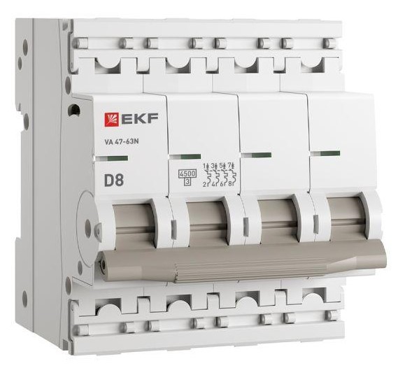

Автоматический выключатель EKF M634408D 4P 8А (D) 4,5kA ВА 47-63N PROxima, M634408D