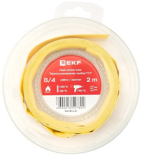 

Термоусаживаемая трубка EKF tut-8-y-b нг 8/4 желтая ролик 2 м, tut-8-y-b