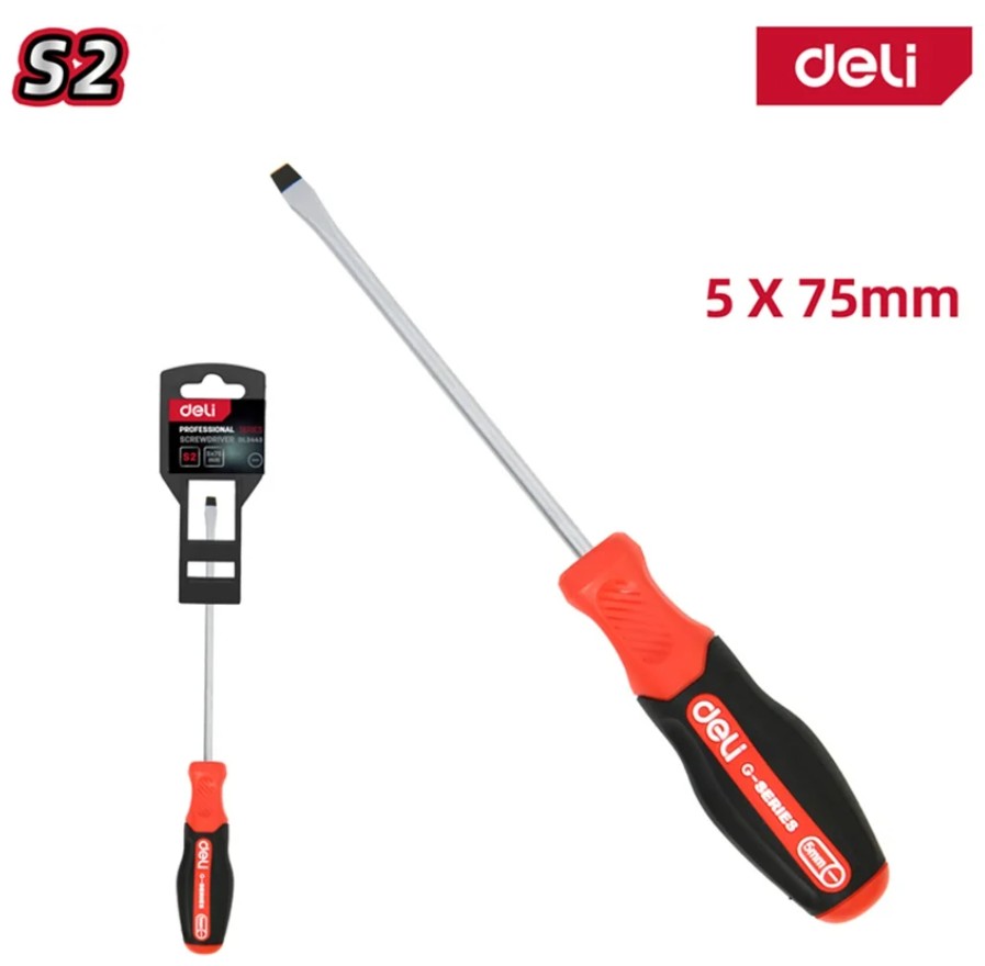 

Отвертка шлицевая Deli DL3443 SL5x75мм сталь S2, матовый стержень, двухкомпонентная прорезиненная рукоять, DL3443