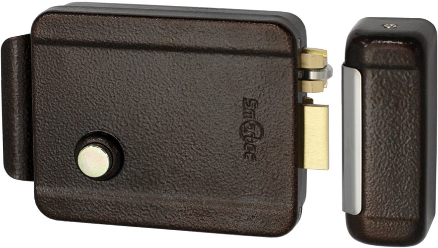 Замок электромеханический Smartec ST-RL073SI-BR накладной НЗ, универсальный DIN, цилинр снаружи, кнопка изнутри, питание 12VDC/1А, окрашенная сталь.