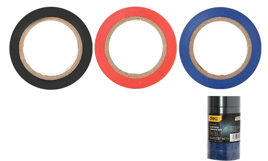 

Изолента Deli DL5264-6 6шт черная/красная/синяя по 2 шт, 0,13мм х 18мм х 9,15м, напряжение до 600В, температурный диапазон 0-80 грд., ПВХ, DL5264-6