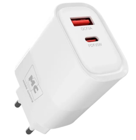 Изображение товара Зарядное устройство More Choice NC82 White с двумя разъемами USB-C и USB-A