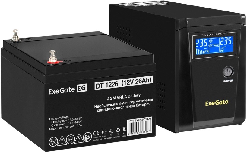 

Комплект Exegate SineTower SZ-600.LCD.AVR.1SH EX296766RUS ИБП + батарея DT 1226 26Ач 1шт (ИБП EX295986RUS: 600VA/360W, чистая синусоида, LCD-дисплей,, SineTower SZ-600.LCD.AVR.1SH