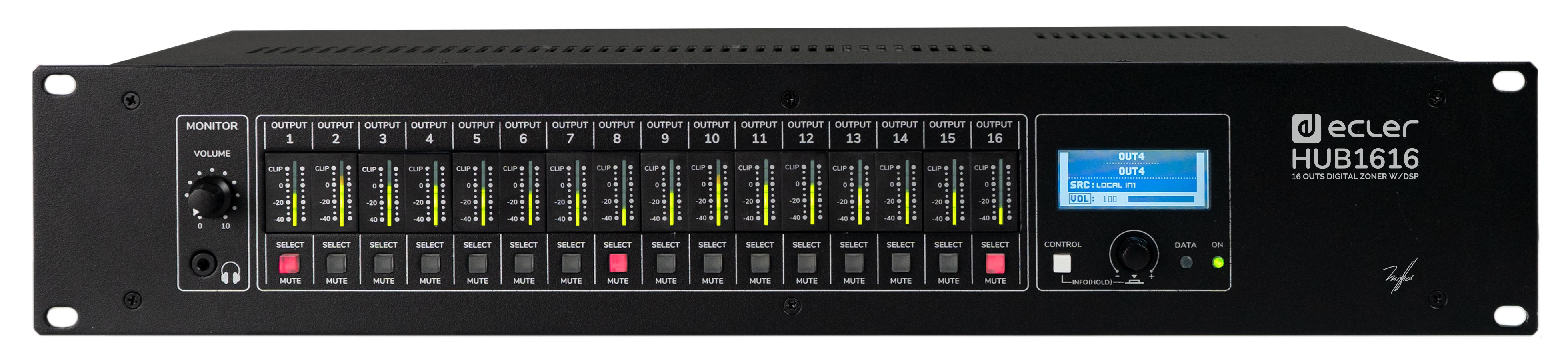 

Матрица Ecler HUB1616 цифровая аудиосигналов, DSP-аудиопроцессор серии HUB с пейджингом, 16х16 входов/выходов, HUB1616