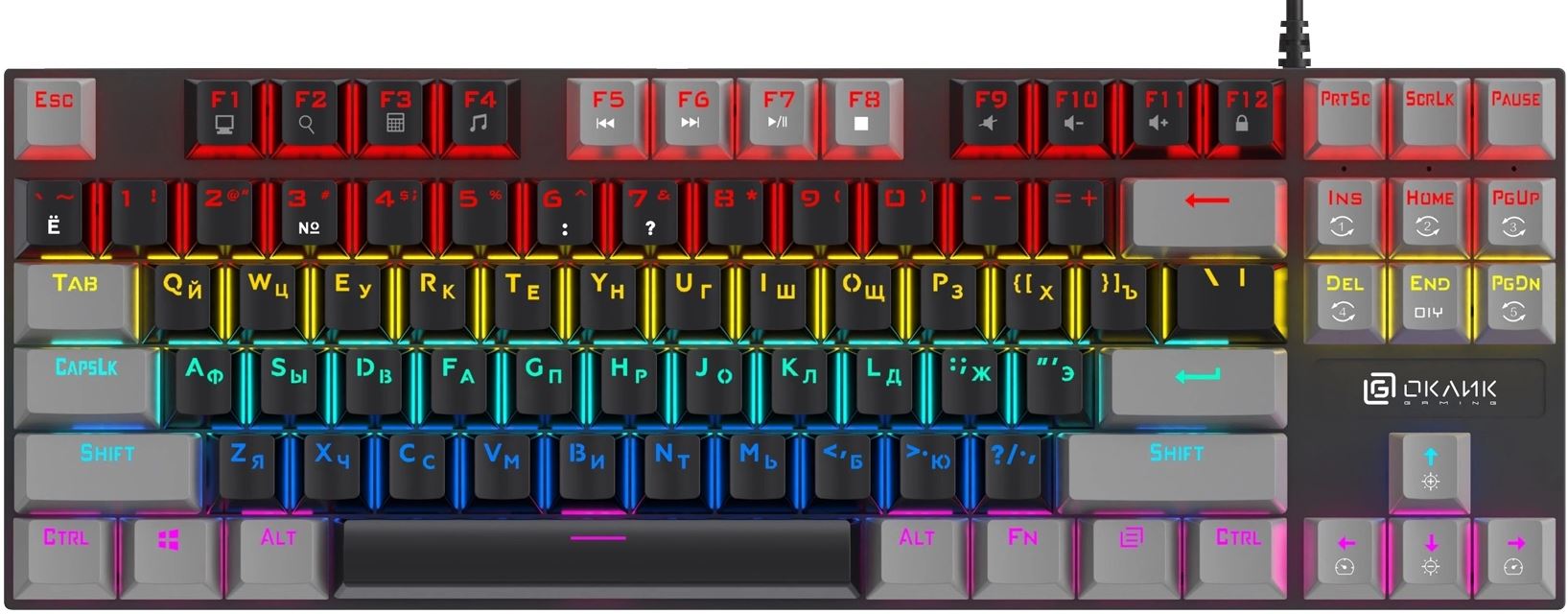 

Клавиатура Oklick K600X 2018129 механическая USB Multimedia for gamer LED, цвет: черный/серый, K600X