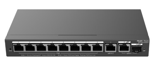

Коммутатор RUIJIE NETWORKS RG-ES210GS-P 10-портовый гигабитный с 8 портами PoE+, 1 RJ45 + 1 Combo RJ45/SFP Uplink, с облачным управлением, RG-ES210GS-P