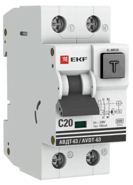 

Автомат дифференциальный EKF DA63-20-100em-AC АВДТ-63 1P+N 20А характеристика C 100мА тип AС электромеханический 6кА PROXIMA, DA63-20-100em-AC