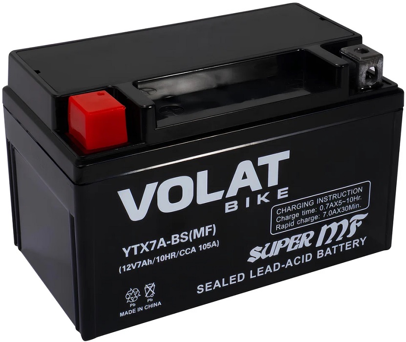 Батарея VOLAT YTX7A-BS(MF)Volat (7 Ач, 12 V) Прямая, L+ 150х87х94 (для мототехники)