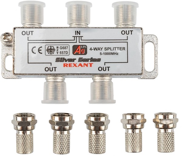 

Сплиттер Rexant 05-6103 ТВ х 4 + 5шт. F "BOX" 5-1000 МГц "Silver", 05-6103