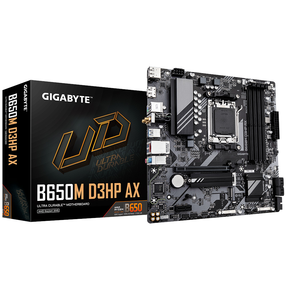 

Материнская плата mATX GIGABYTE B650M D3HP AX (AM4, AMD B650, 4*DDR5 (7600), PCIe, 2*M.2, 4*SATA RAID, 3*USB 3.2, 4*USB 2.0, USB Type-C, HDMI, 2*DP), B650M D3HP AX