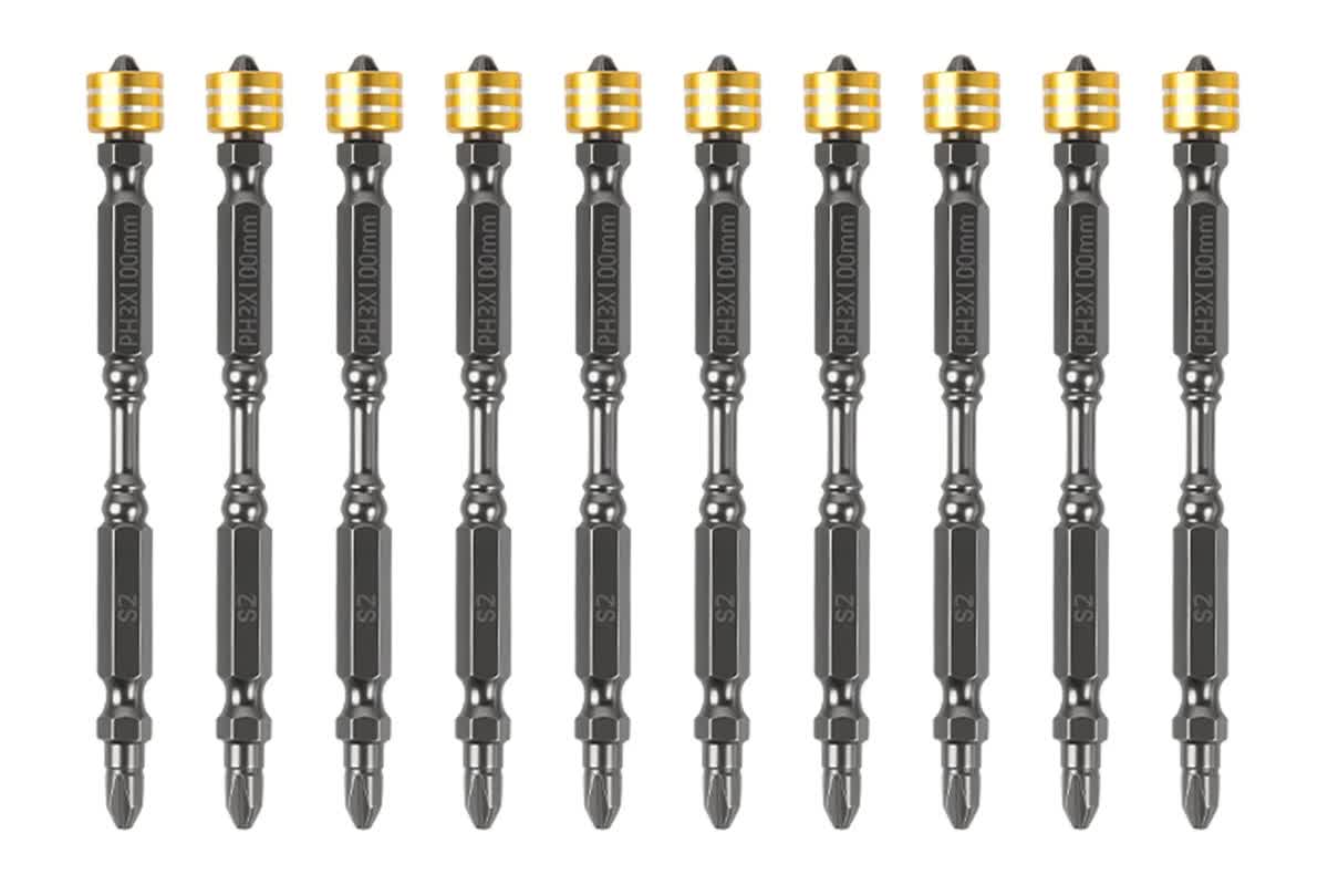 

Набор бит Deli DL255100 двухсторонних ударных с магнитным ограничителем 10 шт PH2*100мм, сталь S2, пласт.кейс, DL255100