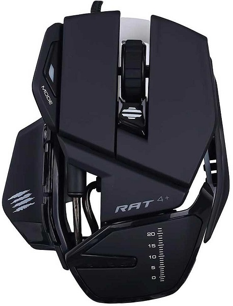 

Мышь Mad Catz R.A.T. 4+ MR03MCINBL000-0 чёрная, PMW3330, USB, 9 кнопок, 7200 dpi, красная подсветка, R.A.T. 4+