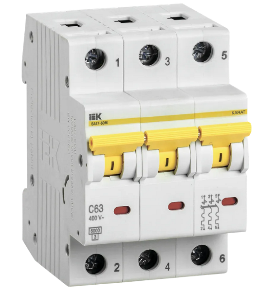 

Автоматический выключатель модульный IEK MVA31-3-063-C 3п C 63А 6кА ВА47-60M, MVA31-3-063-C