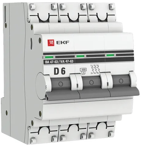

Автоматический выключатель EKF mcb4763-3-06D-pro 3P 6А (D) 4,5kA ВА 47-63, mcb4763-3-06D-pro