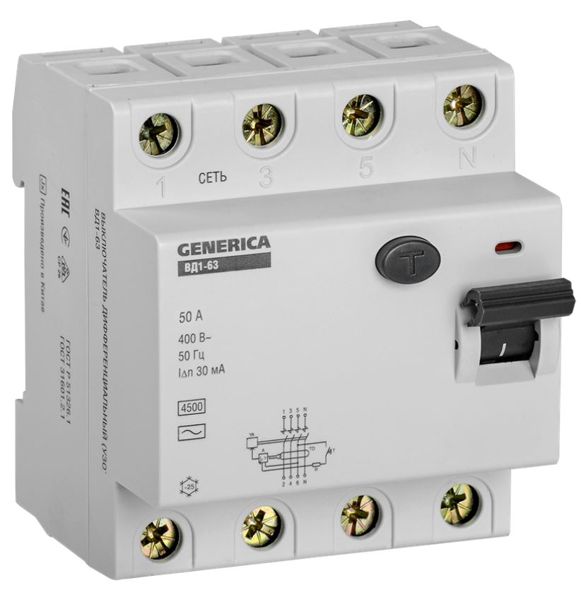 

УЗО GENERICA MDV15-4-050-030 ВД1-63 4Р 50А 30мА, MDV15-4-050-030