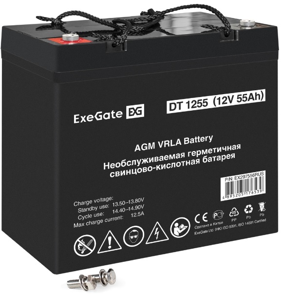 

Батарея аккумуляторная Exegate DT 1255 EX297556RUS (12V 55Ah, болт М6), DT 1255