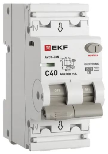 

Автомат дифференциальный EKF D63N26E40C300 АВДТ-63N 1P+N 40А (C) 300мА (AC) эл 6кА PROXIMA, D63N26E40C300