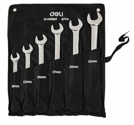 

Набор ключей Deli DL140106T комбинированных с трещоткой 6 шт (размеры 19,22,24,27,30,32мм, сталь 40Cr, трещотка 50BV30 72 зуба, чехол из ткани Оксфорд, DL140106T
