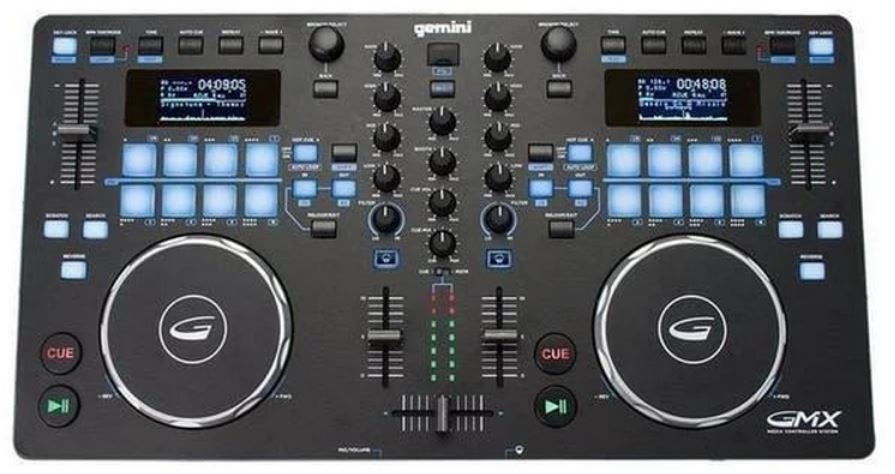 

Микшер Gemini GMX рабочая станция, автономная, 2-х дековая DJ система, 24-битный аудиоинтерфейс, 2 сенсорных джога, ЖК-дисплеи, USB, GMX