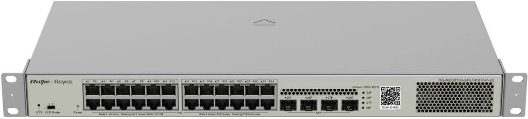 Коммутатор управляемый RUIJIE NETWORKS RG-NBS3100-24GT4SFP-P-V2 28-портовый с 24 гигабитными портами PoE+ и с 4-мя гигабитными SFP uplink, с облачным
