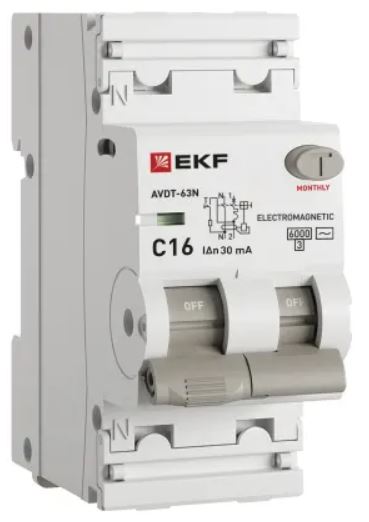 

Автомат дифференциальный EKF D63N26M16C30 АВДТ-63N 1P+N 16А (C) 30мА (AC) эл-мех 6кА PROXIMA, D63N26M16C30