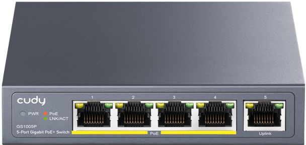 

Коммутатор неуправляемый Cudy GS1005P 5-Port 10/100/1000M PoE+ 60W, 5 10/100/1000M ports with 4POE+ Ports with UL power adapter IEEE802.3af / IEEE802., GS1005P