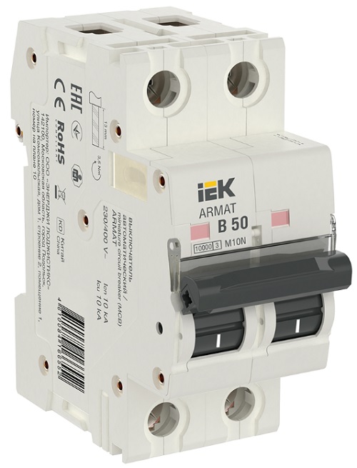 

Автоматический выключатель IEK AR-M10N-2-B050 ARMAT M10N 2P B 50А, AR-M10N-2-B050