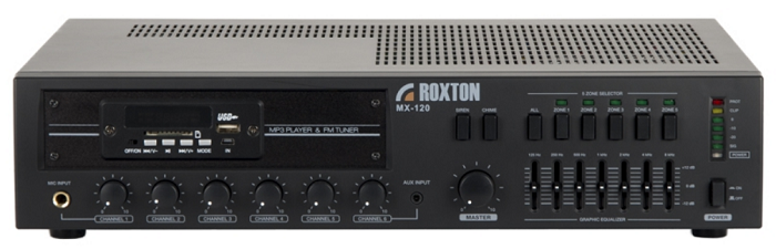 

Усилитель Roxton MX-120 комбинированный 120 Вт, 3 микр.+ 3 унив. входа, 5 зон, работа с RM-05, MX-120