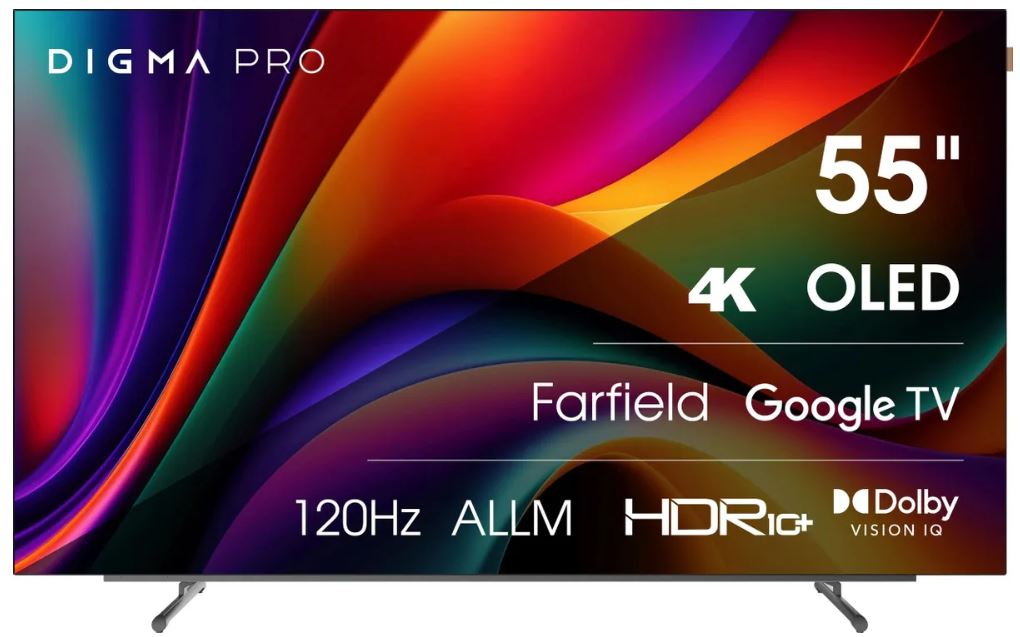 

Телевизор Digma Pro OLED 55M 55" Google TV Frameless черный/серебристый 4K Ultra HD 120Hz DVB-T DVB-T2 DVB-C DVB-S DVB-S2 USB 2.0 WiFi Smart TV, Pro OLED 55M
