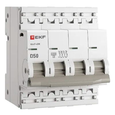 

Автоматический выключатель EKF M634450D 4P 50А (D) 4,5kA ВА 47-63N PROxima, M634450D