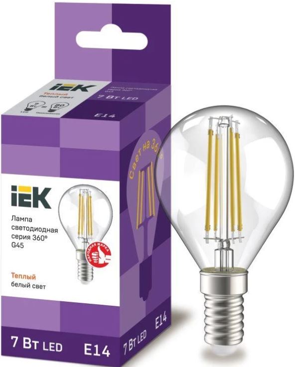 

Лампа светодиодная IEK LLF-G45-7-230-30-E14-CL филаментная G45 шар прозрачный 7Вт 230В 3000К E14 серия 360°, LLF-G45-7-230-30-E14-CL