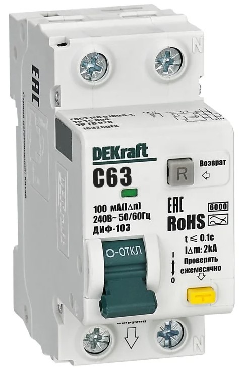 

Автомат дифференциальный DEKraft 16326DEK (АВДТ) 1P+N 63А 100мА AC х-ка C ДИФ-103 6кА, 16326DEK