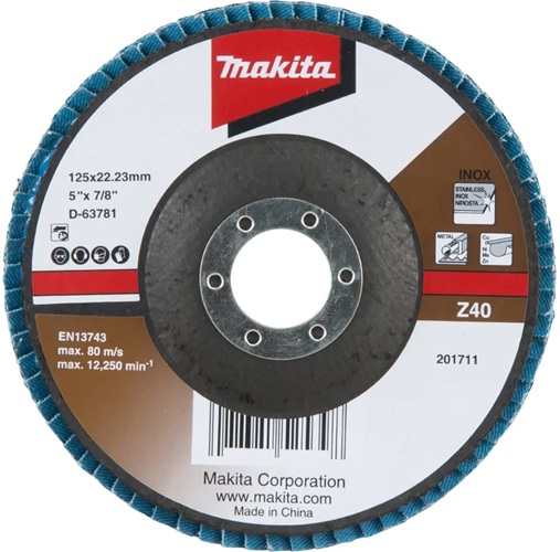 

Диск лепестковый Makita D-63781 шлифовальный 125x22,23 мм, Z40, стекловолокно, угловой, D-63781