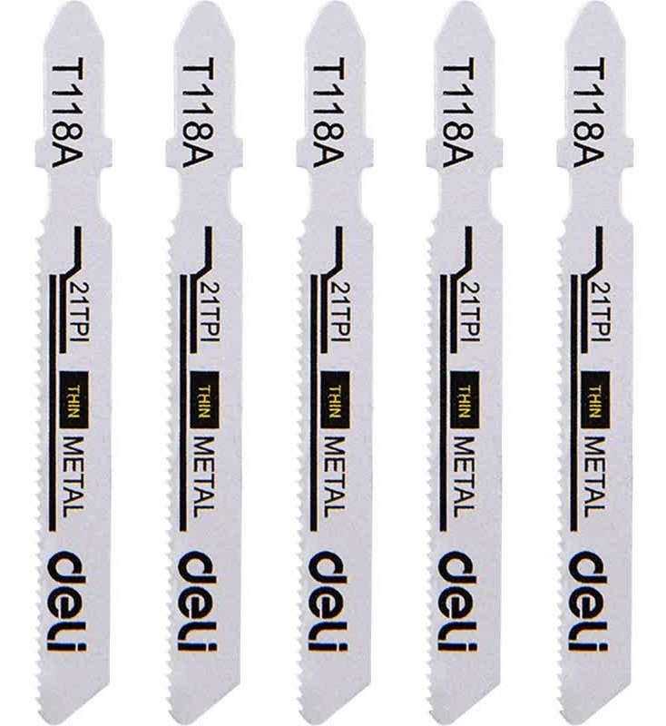 

Набор пилок Deli DH-QJT021-E4 для электролобзика (5шт) по металлу тип T118A, 21TPI, 50мм, DH-QJT021-E4