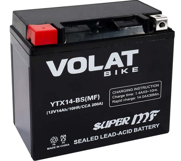 

Батарея VOLAT YTX14-BS(MF)Volat (14 Ач, 12 V) Прямая, L+ 150x87x145 (для мототехники), YTX14-BS(MF)Volat